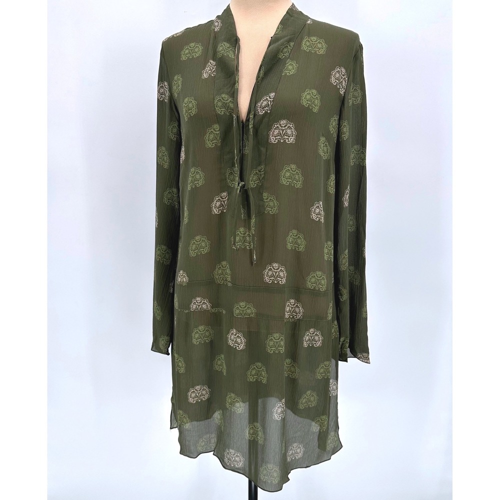 Ideology Women 100% Silk Sheer Olive Medallion Deep V Tunic Dress Size 6 NWT